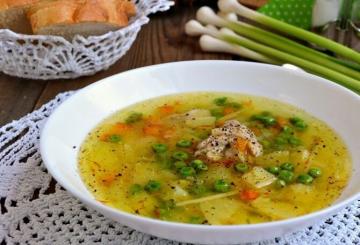 Chicken soup with pasta and green peas