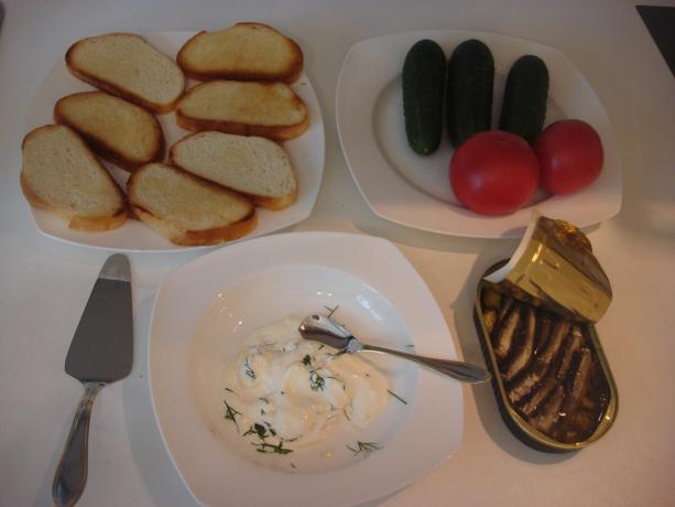 Picture taken by the author (fried loaf, garlic sauce, vegetables, sprats)