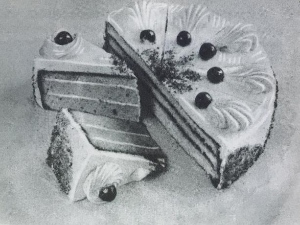 Cake "Sponge with protein cream." Photo from the book "Production of pastries and cakes," 1976