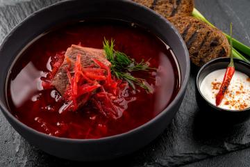 Borsch with prunes and smoked pork ribs