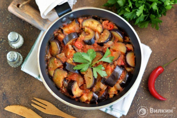 Stewed eggplant with tomatoes, garlic and hot peppers