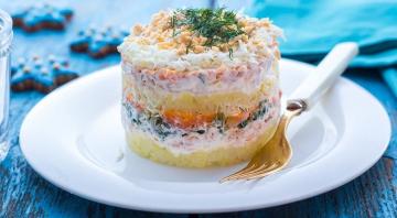 Salad "MIMOSA" with melted cheese and pink salmon smoked