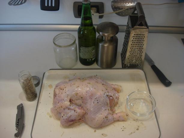 Picture taken by the author (chicken rubbed with salt, pepper and garlic)