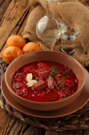 Ukrainian borsch with garlic donuts