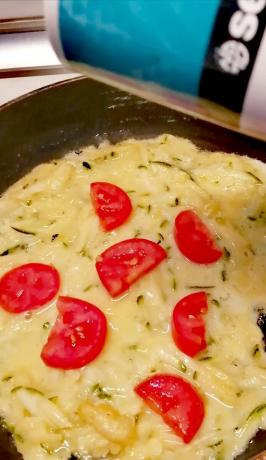 We decorate our small pieces of tomato omelette