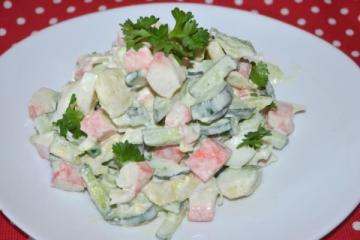 Awesome tasty salad with crab sticks and avocado! You will cook it for all holidays!