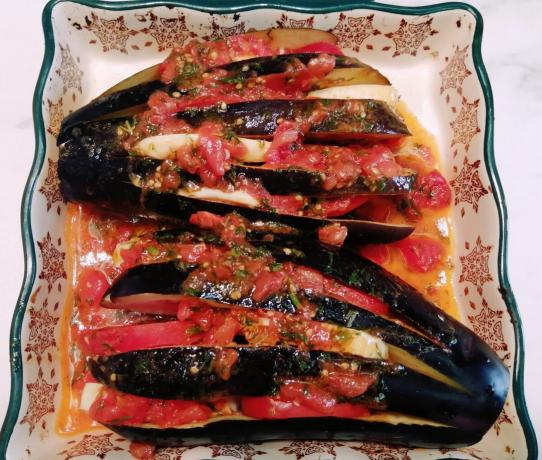 Mozzarella and eggplant under tomato-garlic sauce
