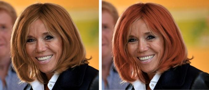 Brigitte Macron. With red hair and a red tint emphasize reddish tint face.