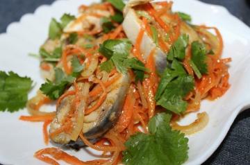 Tasty appetizer: herring in Korean with vegetables