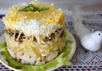 Salad "Royal" with chicken, pineapple and mushrooms. Recipe for the New Year 2019