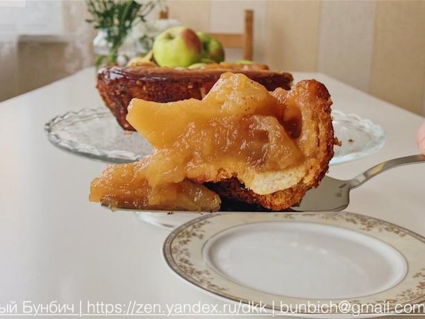 A piece of the pie from apples and bread. Charlotte in German